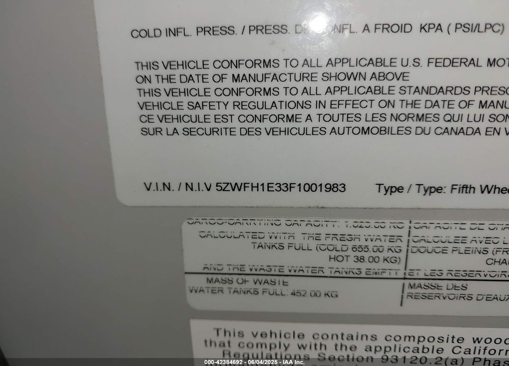 2015 EVERGREEN RV OTHER VIN: 5ZWFH1E33F1001983