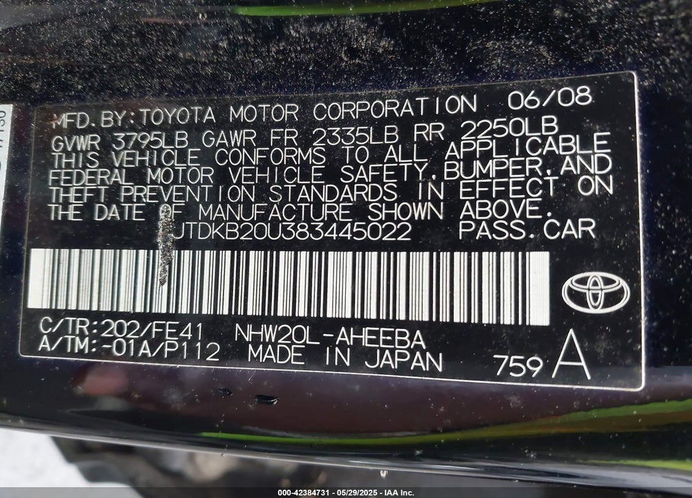 2008 TOYOTA PRIUS VIN: JTDKB20U383445022
