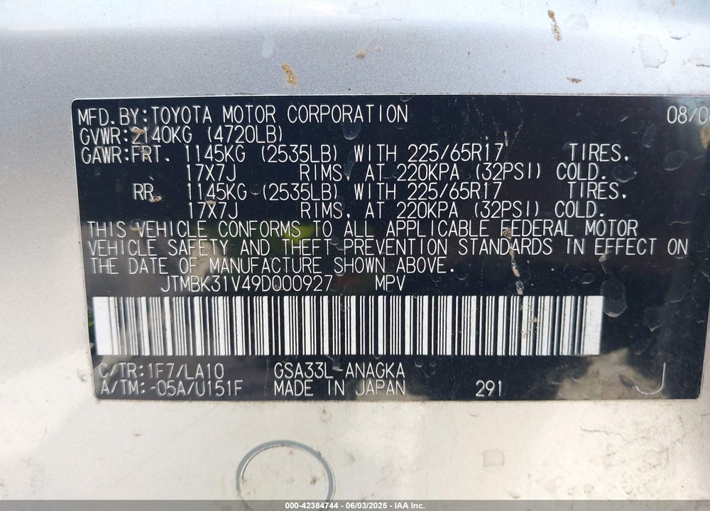 2009 TOYOTA RAV4 VIN: JTMBK31V49D000927