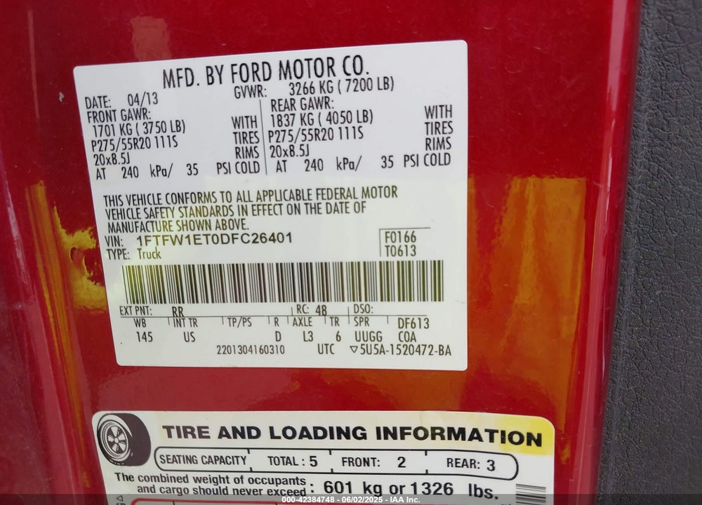 2013 FORD F-150 VIN: 1FTFW1ET0DFC26401