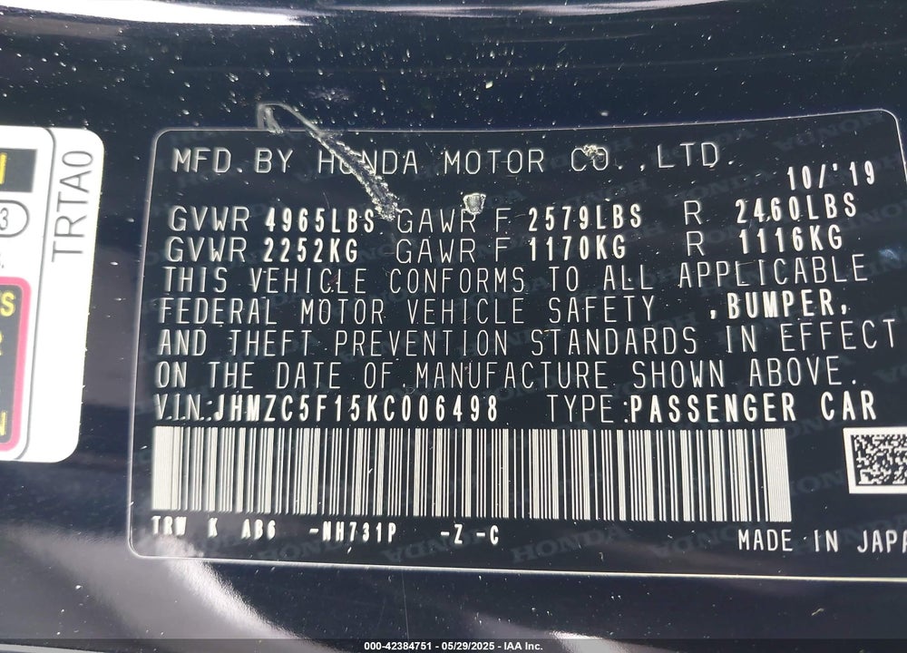 2019 HONDA CLARITY PLUG-IN HYBRID VIN: JHMZC5F15KC006498