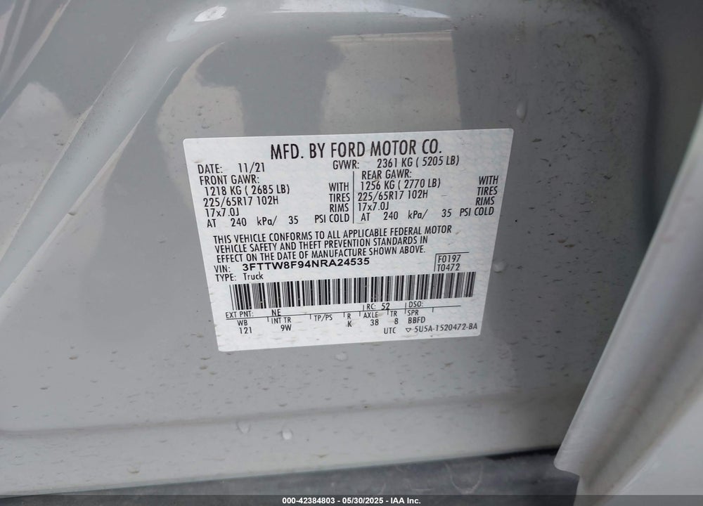 2022 FORD MAVERICK XL VIN: 3FTTW8F94NRA24535