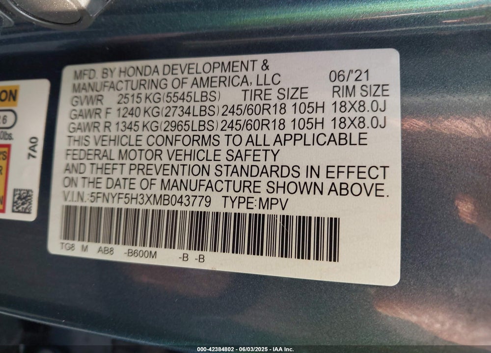 2021 HONDA PILOT VIN: 5FNYF5H3XMB043779