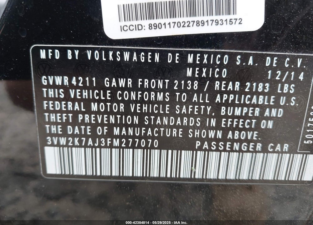 2015 VOLKSWAGEN JETTA 2.0L S VIN: 3VW2K7AJ3FM277070