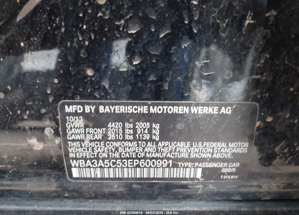 2014 BMW 3 SERIES VIN: WBA3A5C53EP600991