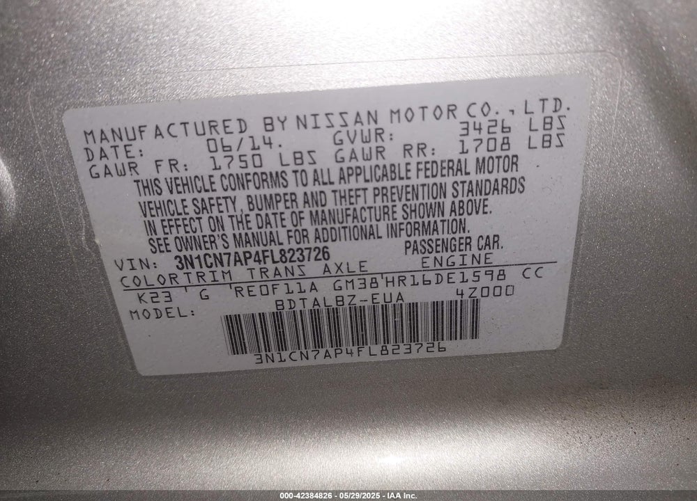 2015 NISSAN VERSA 1.6 SV VIN: 3N1CN7AP4FL823726