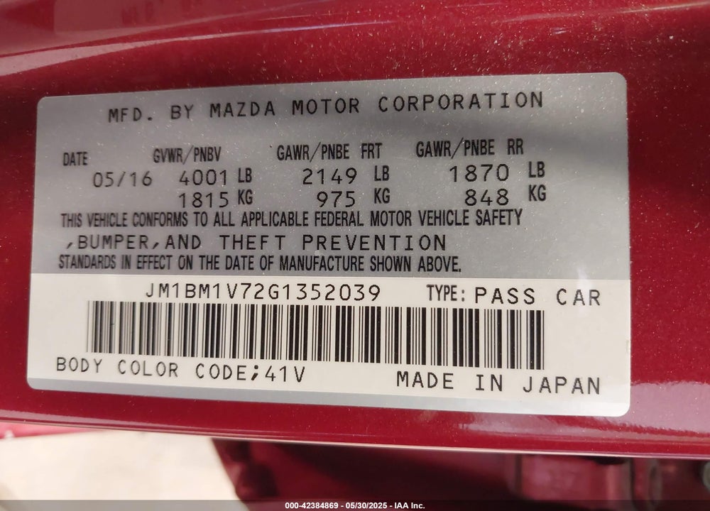 2016 MAZDA 3 VIN: JM1BM1V72G1352039