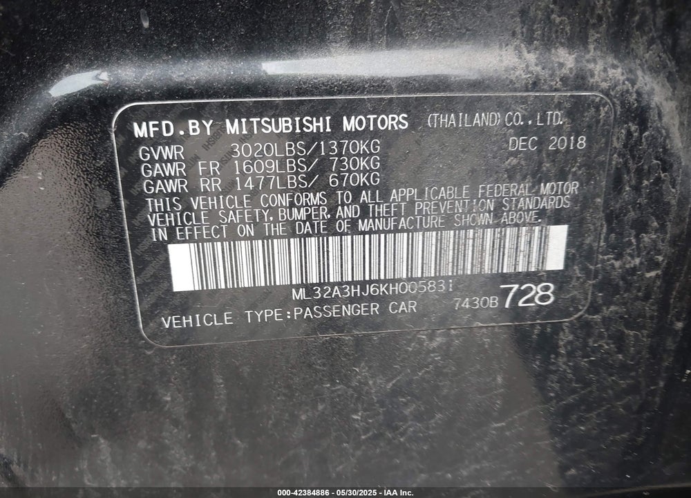 2019 MITSUBISHI MIRAGE VIN: ML32A3HJ6KH005831