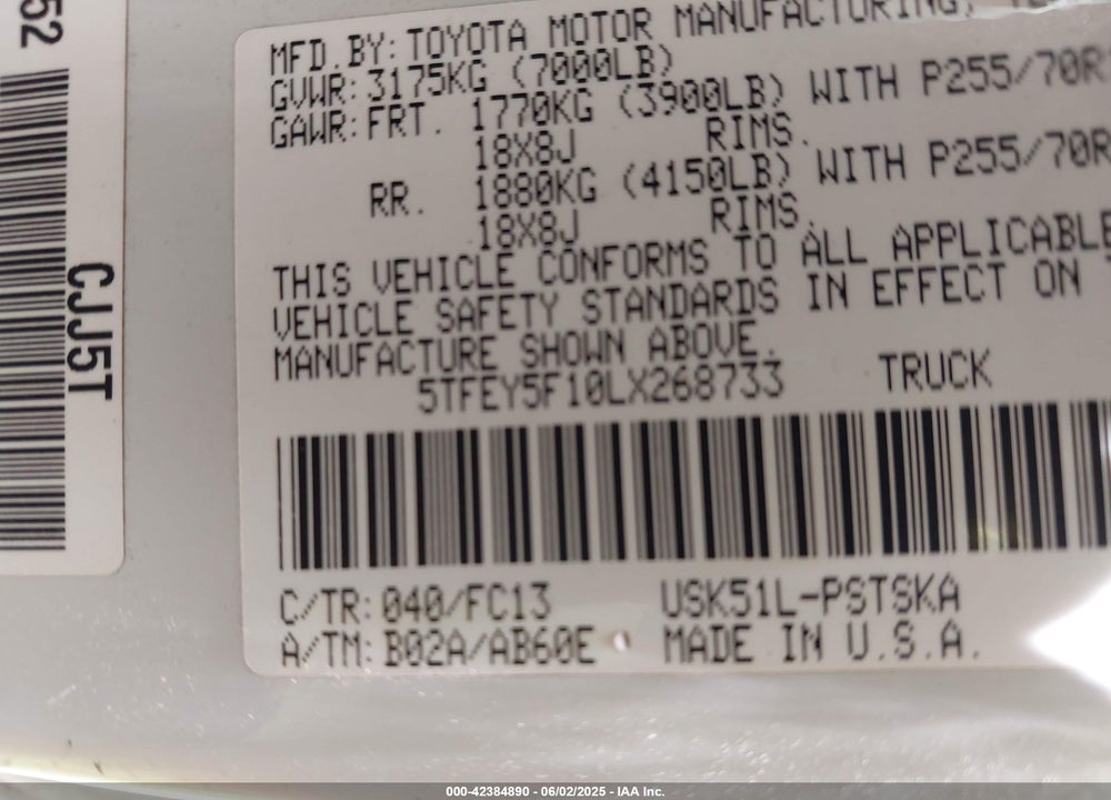2020 TOYOTA TUNDRA VIN: 5TFEY5F10LX268733