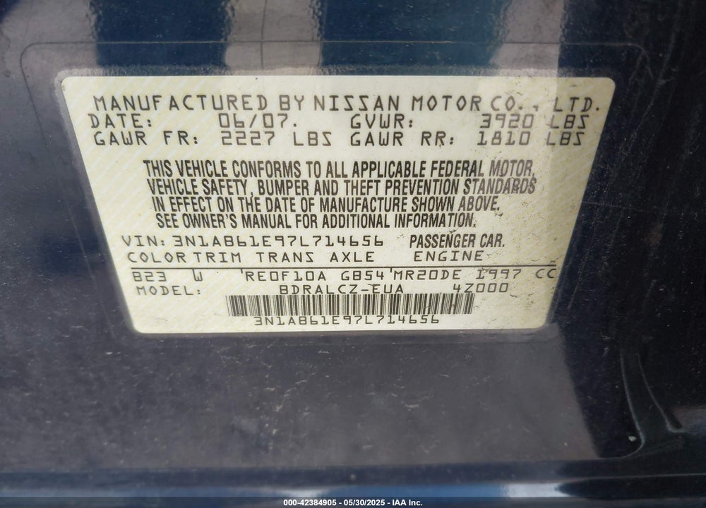 2007 NISSAN SENTRA VIN: 3N1AB61E97L714656