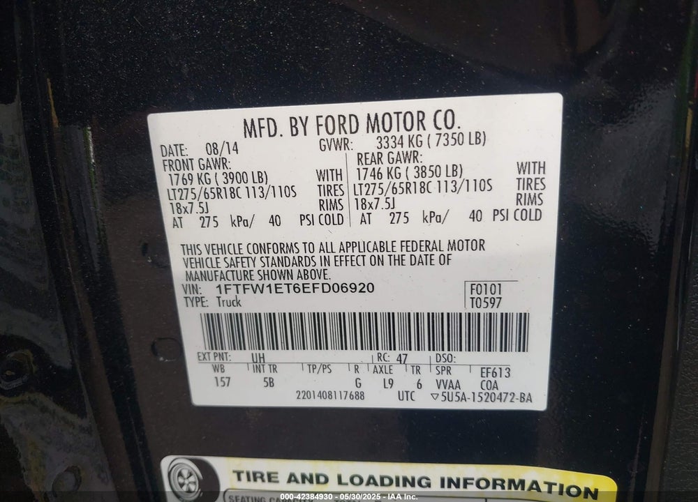 2014 FORD F-150 VIN: 1FTFW1ET6EFD06920