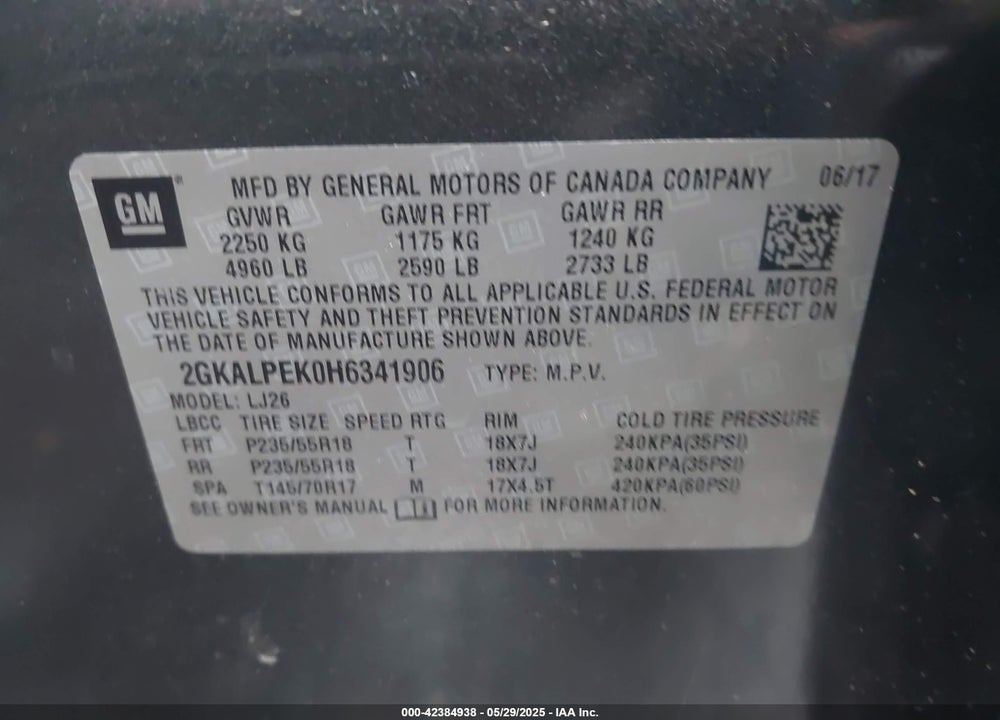 2017 GMC TERRAIN VIN: 2GKALPEK0H6341906
