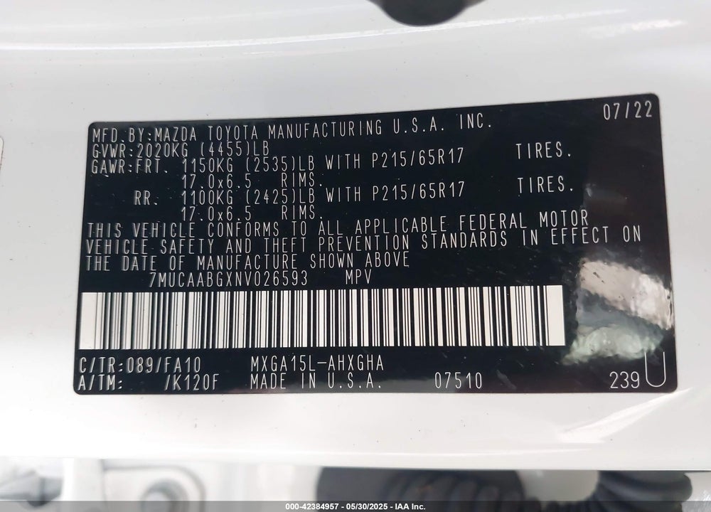 2022 TOYOTA COROLLA CROSS LE VIN: 7MUCAABGXNV026593