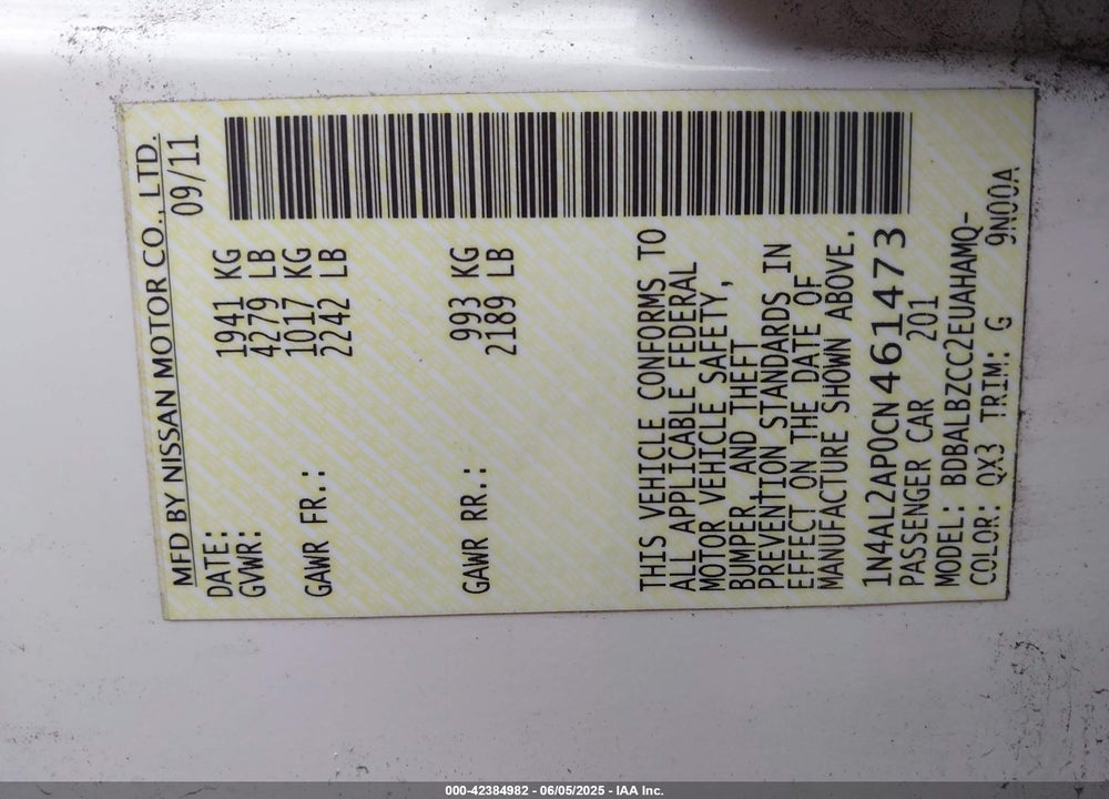 2012 NISSAN ALTIMA 2.5 S VIN: 1N4AL2AP0CN461473