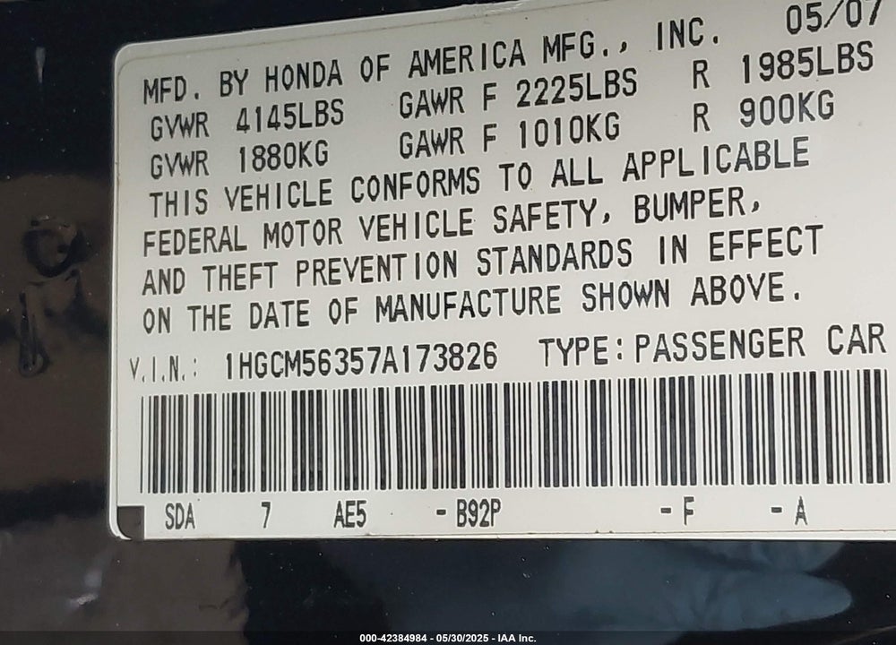 2007 HONDA ACCORD VIN: 1HGCM56357A173826