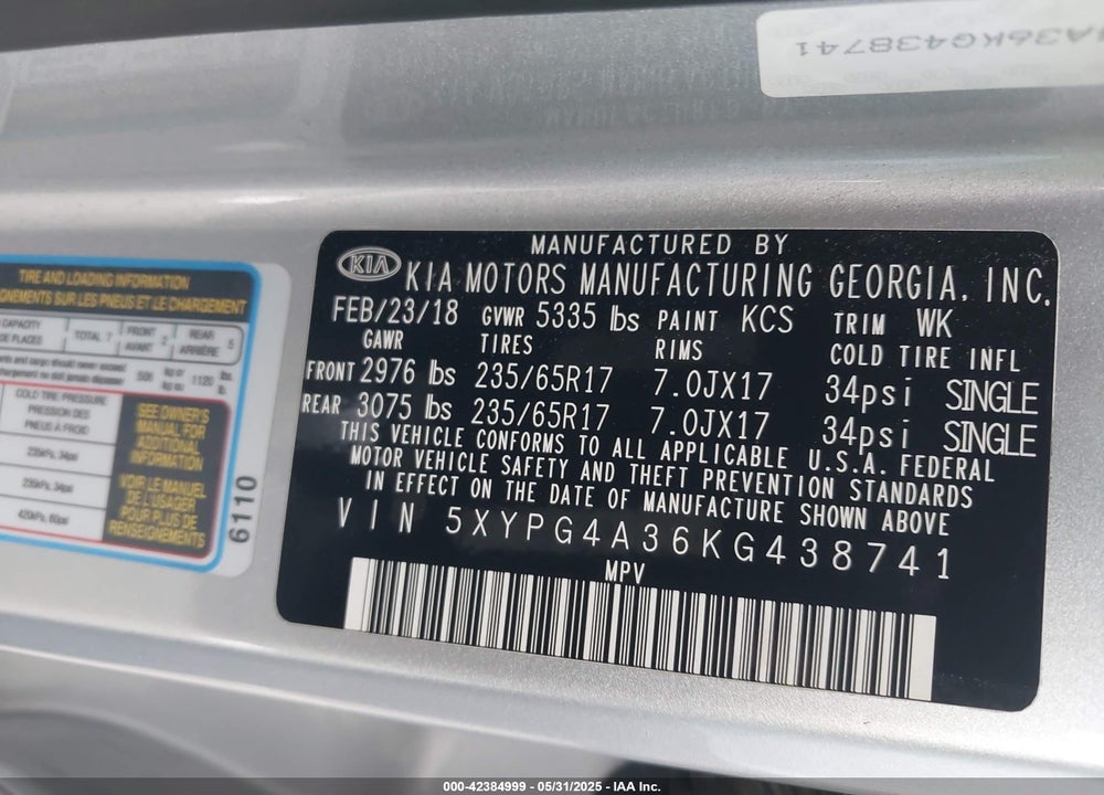 2019 KIA SORENTO VIN: 5XYPG4A36KG438741