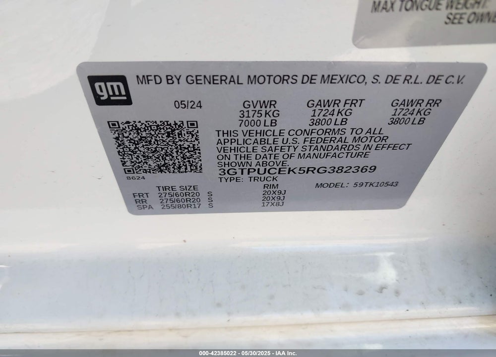 2024 GMC SIERRA 1500 VIN: 3GTPUCEK5RG382369