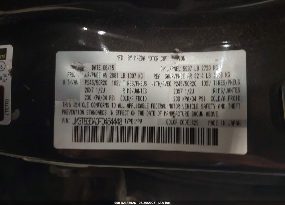 2015 MAZDA CX-9 VIN: JM3TB3DA0F0464448