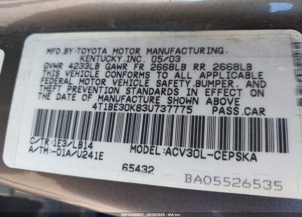 2003 TOYOTA CAMRY SE VIN: 4T1BE30K83U737775