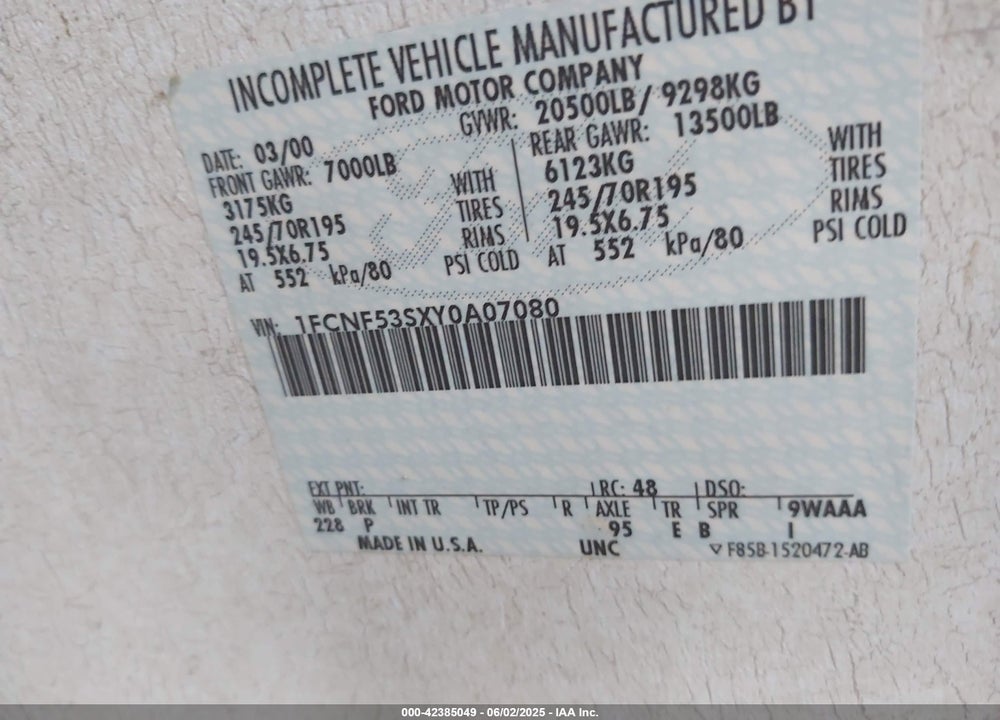 2000 FORD F550 SUPER DUTY STRIPPED CHASS VIN: 1FCNF53SXY0A07080