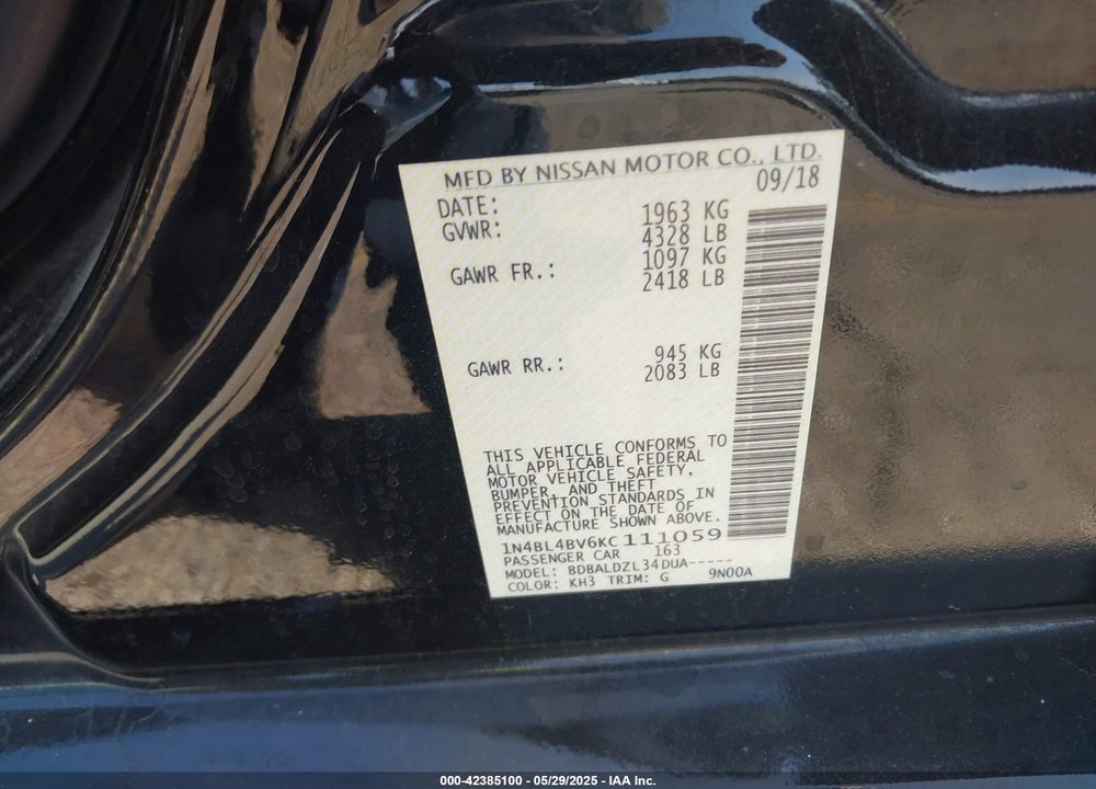 2019 NISSAN ALTIMA VIN: 1N4BL4BV6KC111059