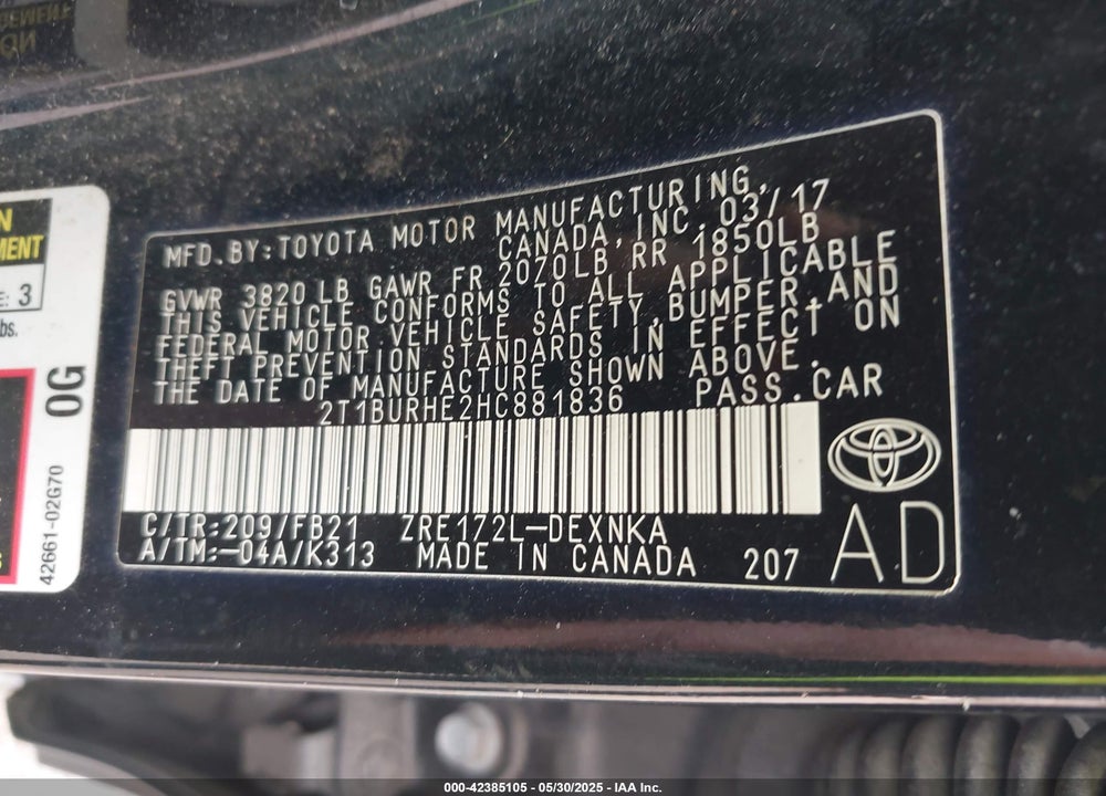 2017 TOYOTA COROLLA LE VIN: 2T1BURHE2HC881836