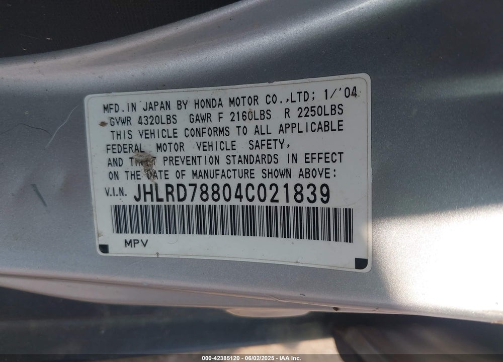 2004 HONDA CR-V EX VIN: JHLRD78804C021839