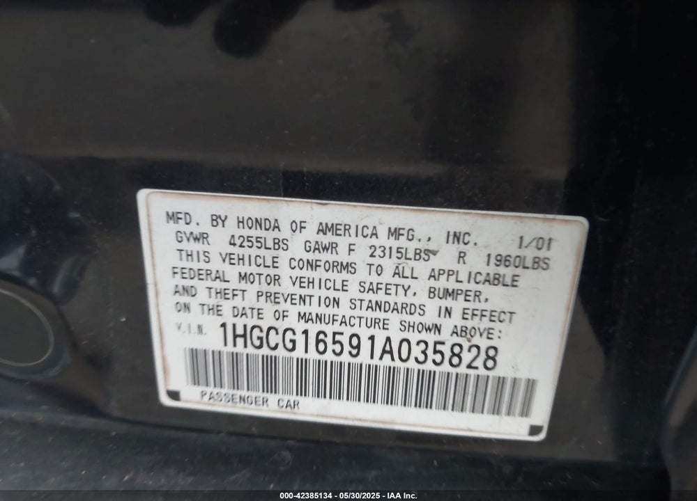 2001 HONDA ACCORD 3.0 EX VIN: 1HGCG16591A035828