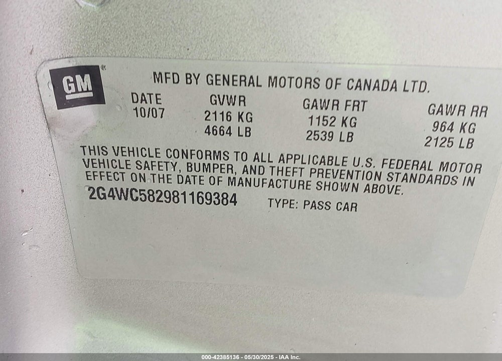 2008 BUICK LACROSSE VIN: 2G4WC582981169384