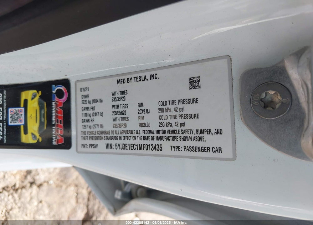 2021 TESLA MODEL 3 VIN: 5YJ3E1EC1MF013435
