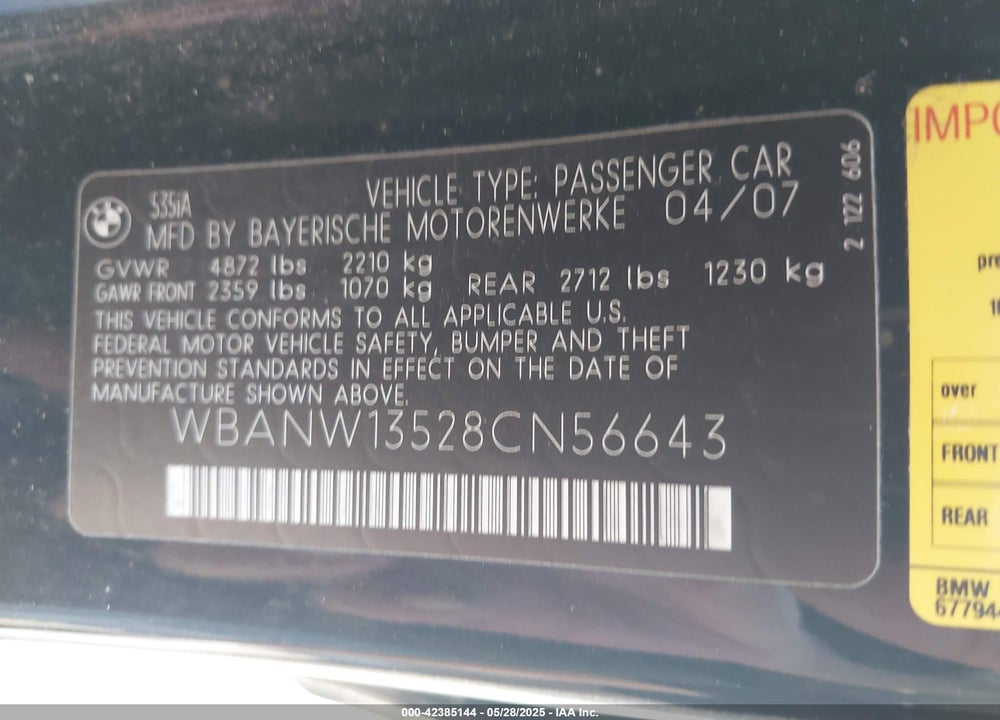 2008 BMW 535I VIN: WBANW13528CN56643