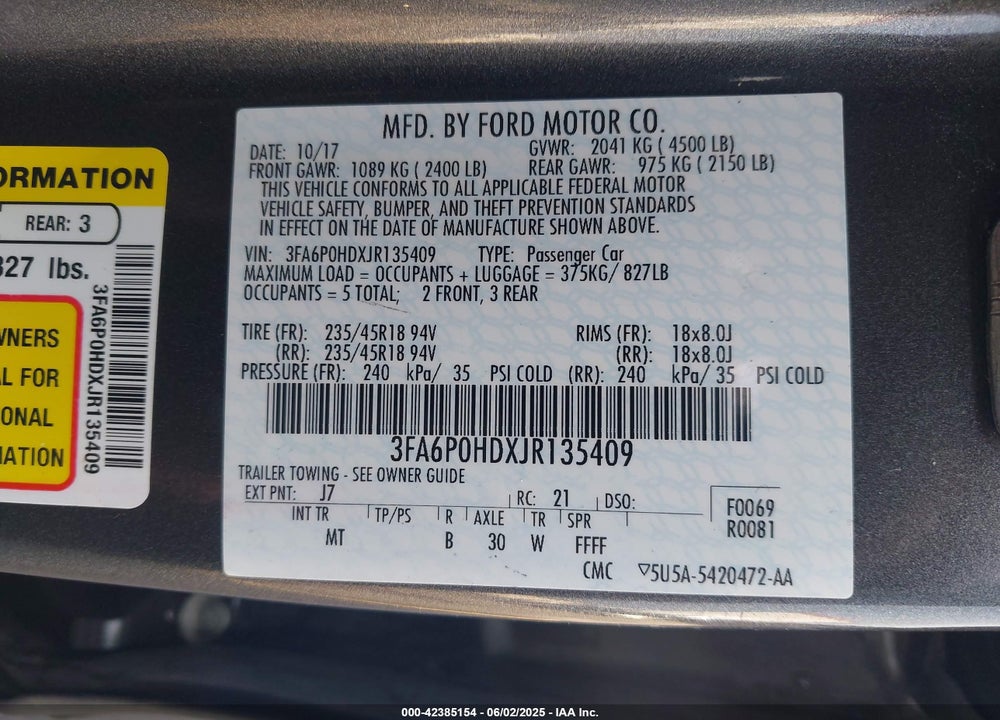 2018 FORD FUSION SE VIN: 3FA6P0HDXJR135409