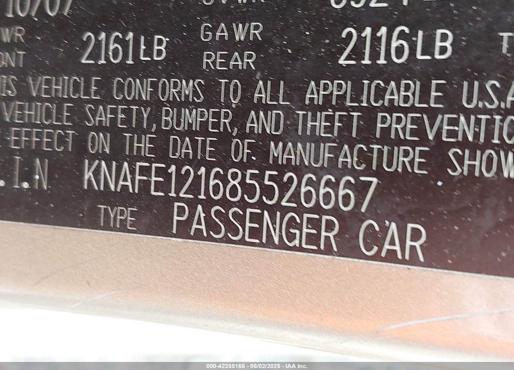 2008 KIA SPECTRA EX VIN: KNAFE121685526667
