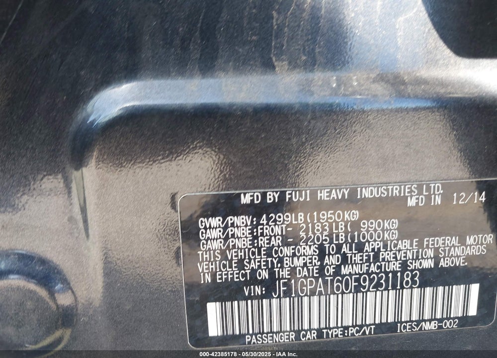 2015 SUBARU IMPREZA VIN: JF1GPAT60F9231183