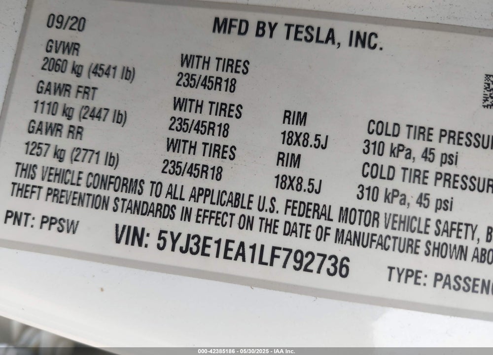 2020 TESLA MODEL 3 VIN: 5YJ3E1EA1LF792736