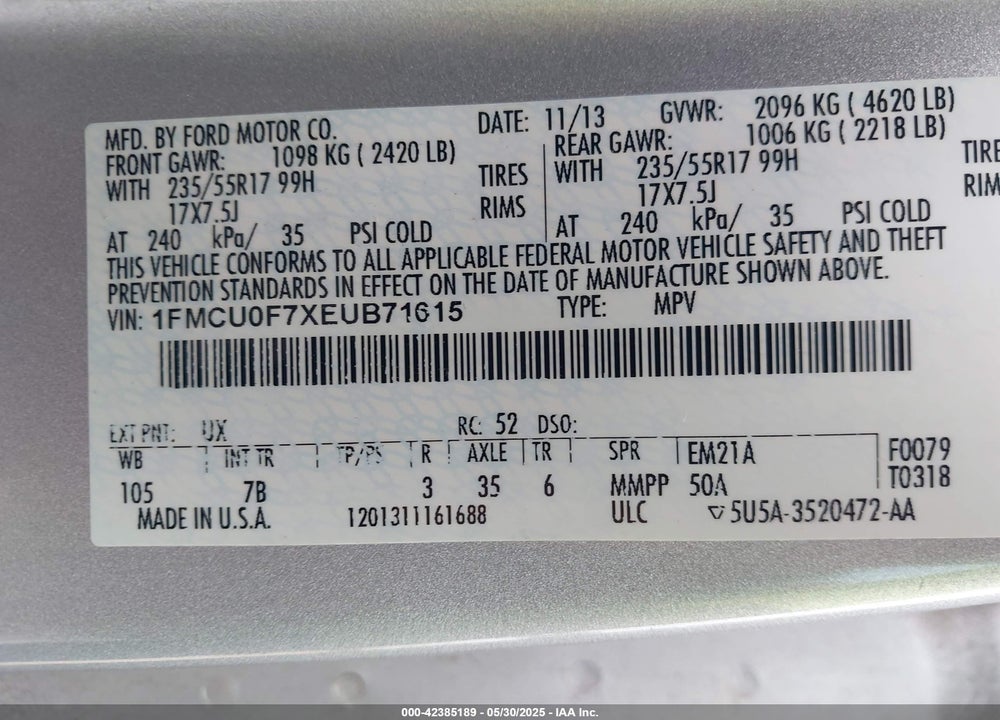 2014 FORD ESCAPE VIN: 1FMCU0F7XEUB71615