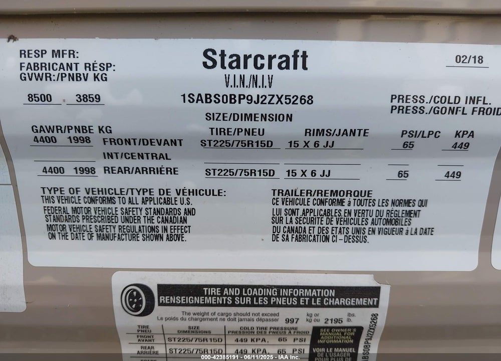 2018 STARCRAFT AUTMN27BHS VIN: 1SABS0BP9J2ZX5268
