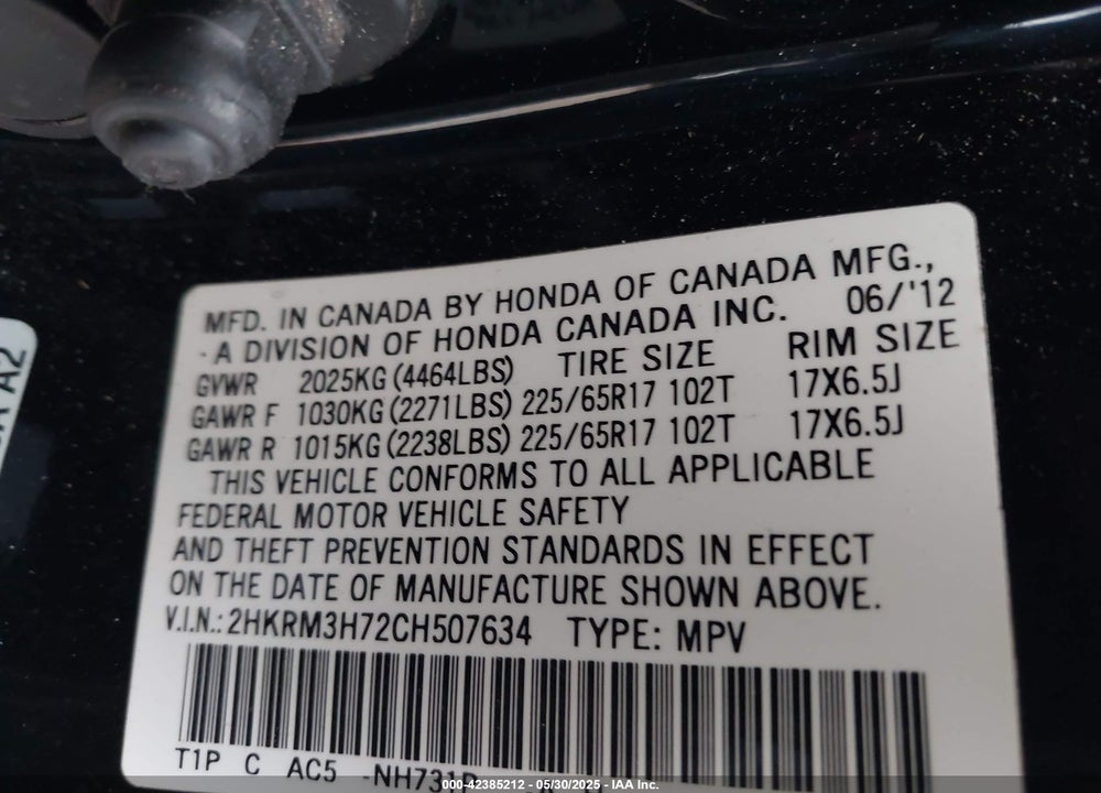 2012 HONDA CR-V EX-L VIN: 2HKRM3H72CH507634