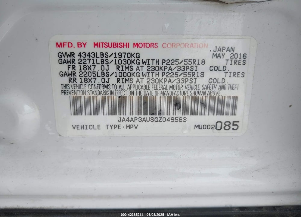 2016 MITSUBISHI OUTLANDER SPORT VIN: JA4AP3AU8GZ049563
