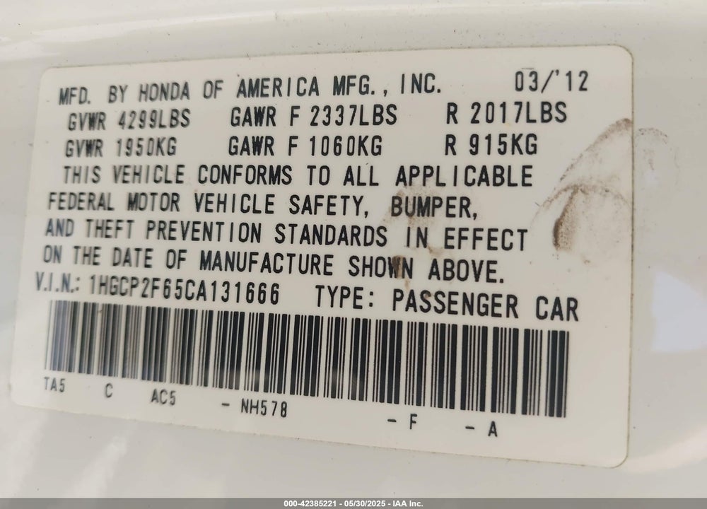 2012 HONDA ACCORD VIN: 1HGCP2F65CA131666