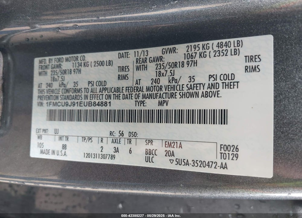 2014 FORD ESCAPE VIN: 1FMCU9J91EUB84881