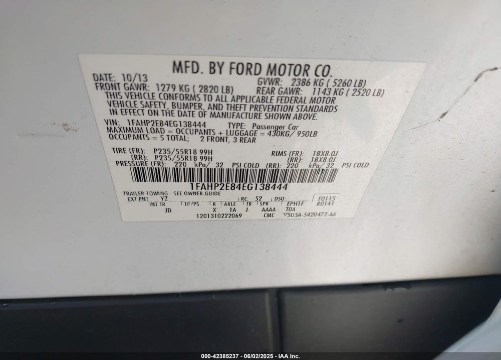 2014 FORD TAURUS VIN: 1FAHP2E84EG138444