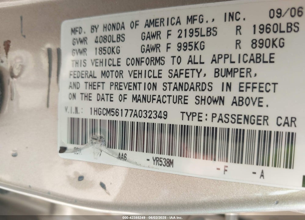 2007 HONDA ACCORD VIN: 1HGCM56177A032349