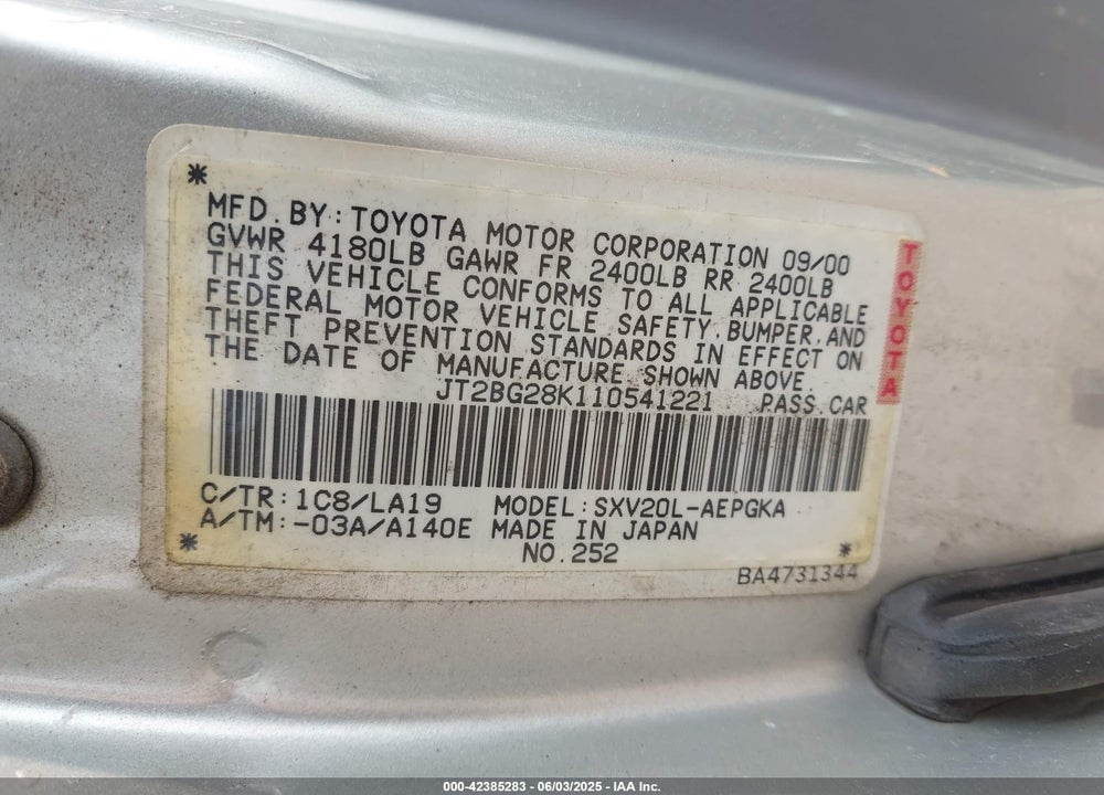 2001 TOYOTA CAMRY XLE VIN: JT2BG28K110541221