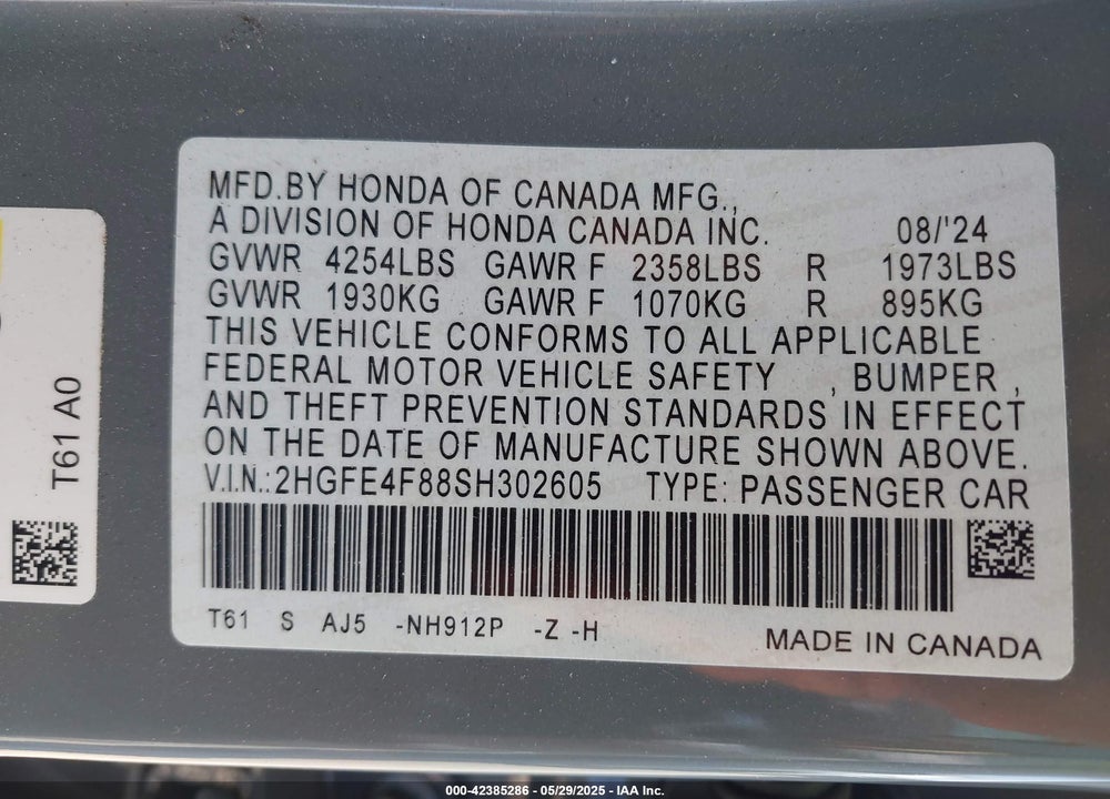 2025 HONDA CIVIC HYBRID VIN: 2HGFE4F88SH302605