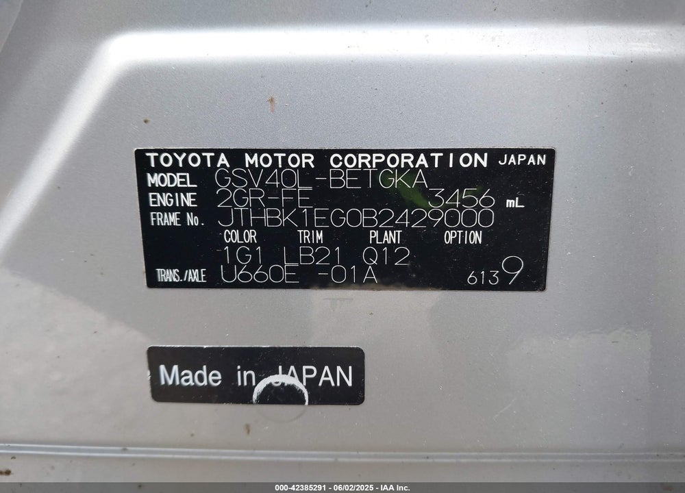 2011 LEXUS ES 350 VIN: JTHBK1EG0B2429000