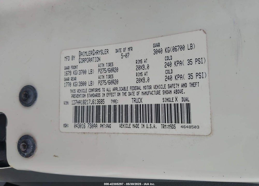2007 DODGE RAM 1500 VIN: 1D7HA18217J613685