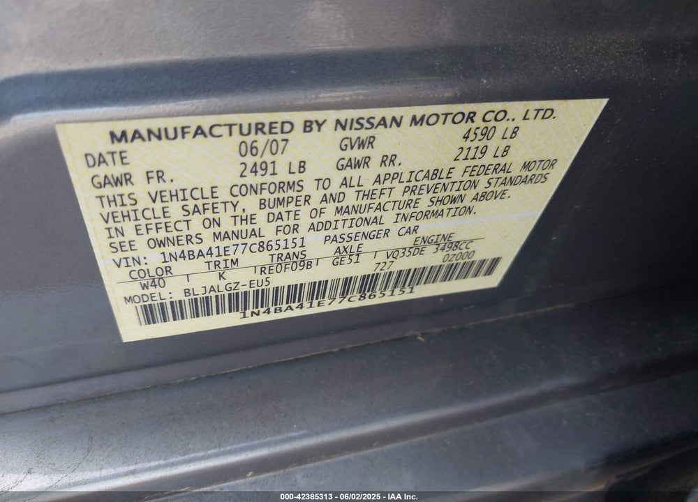 2007 NISSAN MAXIMA 3.5 SL VIN: 1N4BA41E77C865151