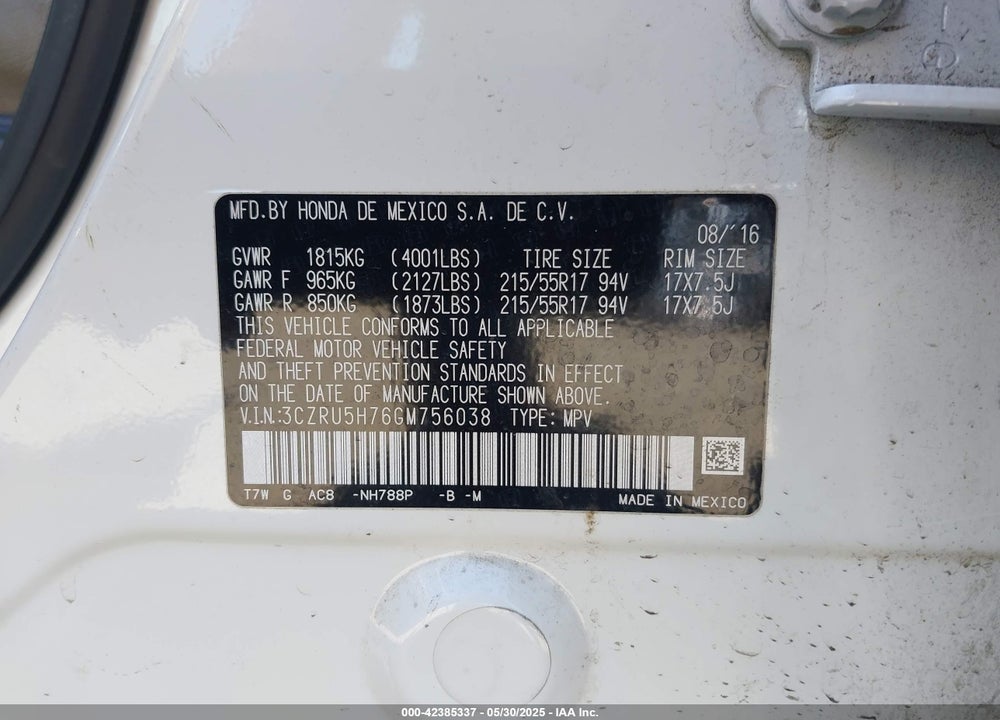 2016 HONDA HR-V VIN: 3CZRU5H76GM756038