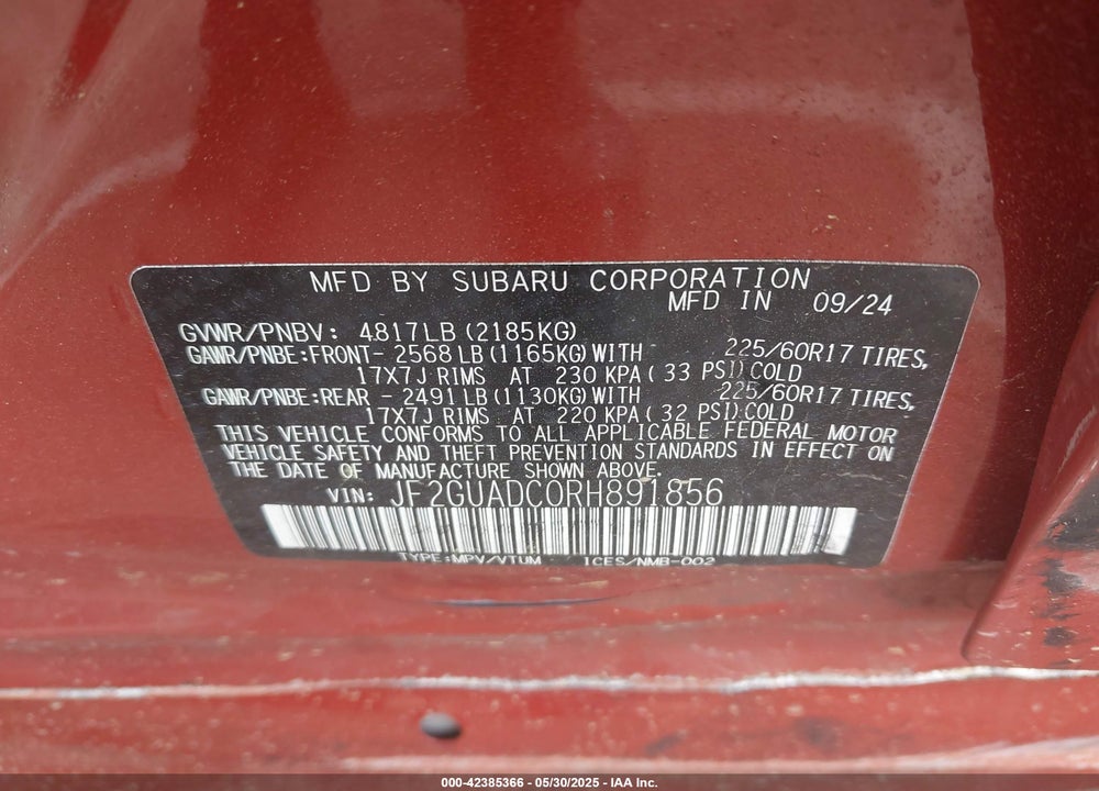 2024 SUBARU CROSSTREK VIN: JF2GUADC0RH891856